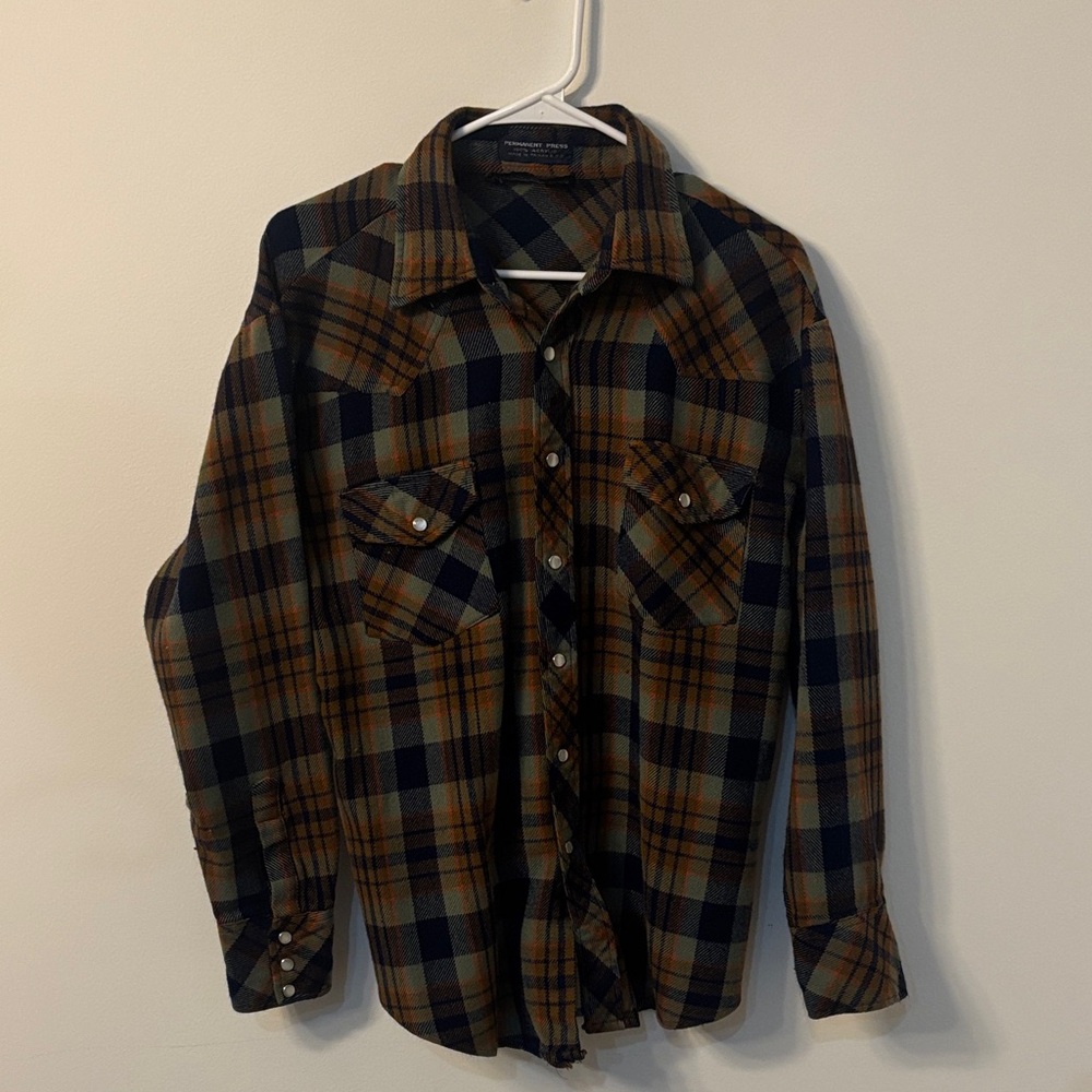 Vintage Plaid Button-Up Shirt in Navy, Olive & Brown